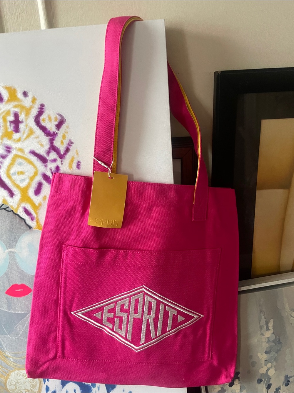 Esprit Hot Pink Canvas Tote with Front Logo Pocket
